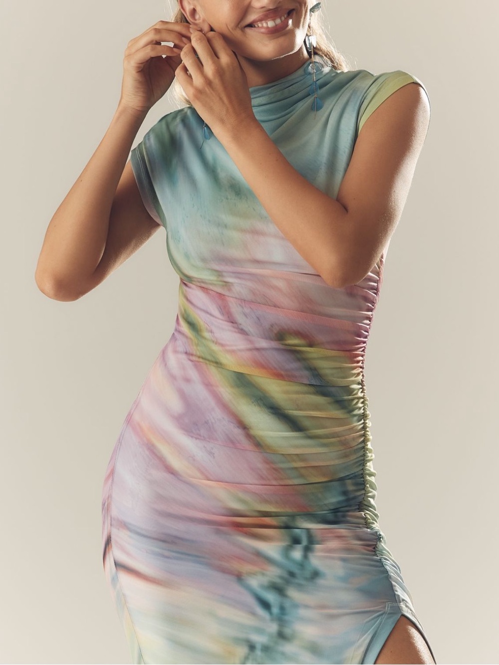 ANTHROPOLOGIE  The Maya Ruched Cowl-Neck Meah Dress – Green Pattern - Picture 10 of 11